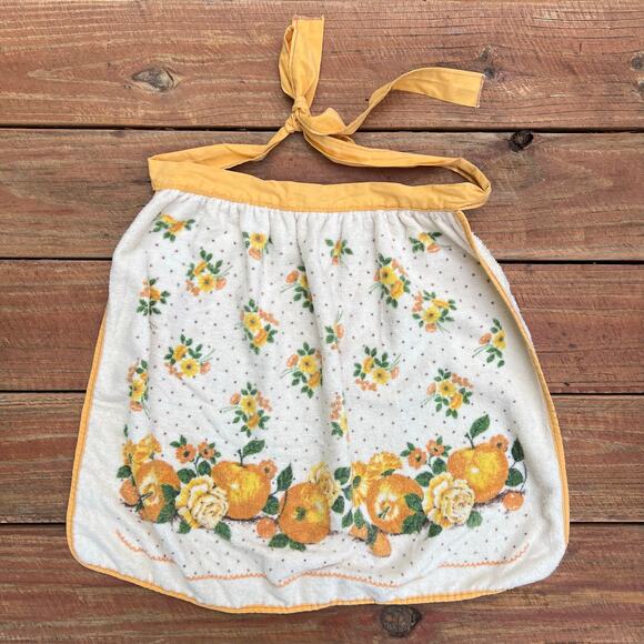Vintage 70s Terry Cloth Half Apron Fruit Floral Print Retro Oranges Apples Roses - Picture 11 of 12